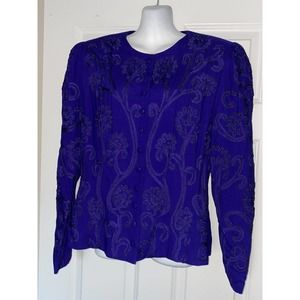 Vtg 80s Marie St. Claire Purple Soutache Stitch Beads Blazer Jacket Size 12